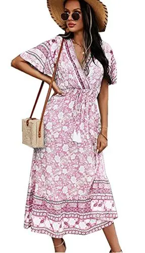 Produktbild: Jiraewh Damen Boho Sommerkleider Blumen Kurzarm Retro Knielang Strandkleider V Ausschnitt Elegant Mit Gürtel Maxikleid (3063- PK- M)