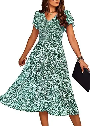 Produktbild: Jiraewh Damen Elegant Sommerkleid Kurzarm Blumen Lange Kleid Chiffon Falten V-Ausschnitt Wickelkleid Hohe Taille Rüschen Maxikleid Partykleider(5071-GNL)