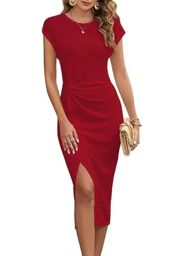 Produktbild: Jiraewh Damen Sommerkleid ärmelloses Twist Enges Bodycon Bleistiftkleid Figurbetontes Elegantes Hochzeitsgast Midi Wickel Kleider mit Schlitz（6021-AG-XL）