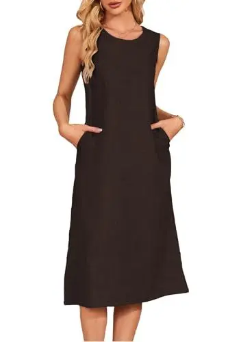 Produktbild: Jiraewh Damen Tank Top Kleider ärmelloses Lose Kleid Knielang Casual Rundhals Sommerkleid Midi Strandkleid mit Taschen(6022-BR- 3XL)