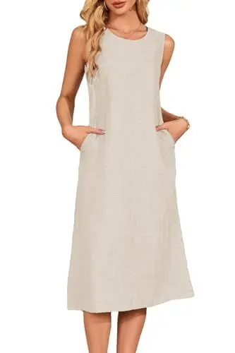 Produktbild: Jiraewh Damen Tank Top Kleider ärmelloses Lose Kleid Knielang Casual Rundhals Sommerkleid Midi Strandkleid mit Taschen(6022-AP- L)