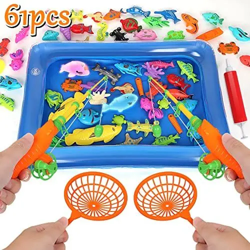 Produktbild: Jirmerp Angeln Spielzeug, 61PCS Stück Angelspiel Badespielzeug Badewannenspielzeug Wasserspiel Perfekt Lernspiel Geschenk für Kinder, Angelspiel für Kinder mit Wasser, Magnet Angelspiel Kinder