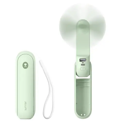 Produktbild: JISULIFE Handventilator, Mini Tragbarer Handventilator, Batteriebetrieben (14-21 Stunden), Wiederaufladbarer, Faltbarer USB-Lüfter, Leiser Persönlicher Ventilator Powerbank, Taschenlampe-Minzgrün