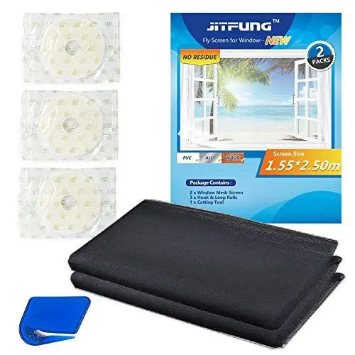 Produktbild: JIT-FUNG Fliegengitter Fenster, Zuschneidbares Moskitonetz, Insektenschutz mit Starkem Klettband (SPURLOS) & Zuschneider, Fliegen Netz ohne Bohren – Schwarz, 250 x 155 cm (Bienenwabe, 2er-Set)