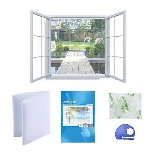 Produktbild: JIT-FUNG Fliegengitter Fenster, Zuschneidbares Moskitonetz, Insektenschutz mit Starkem Klettband (SPURLOS) & Zuschneider, Fliegen Netz ohne Bohren – Weiß, 130 x 155 cm (Quadrat, Satz von 1)