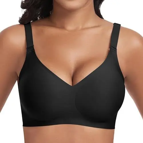 Produktbild: Jiuday BH ohne Bügel Push Up BH Große Brüste Starker Halt Bügelloser Bustier Damen Gepolstert Seamless Soft Bra ohne Buegel Bequemer T Shirt V-Ausschnitt Bralette (Schwarz,L)