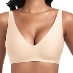 Produktbild: Jiuday Tiefer V Push Up BH ohne Bügel for Damen Bequemer BH für Große Brüste Starker Halt Seamless Soft Bügelloser Gepolstert Nahtloser Glatter BH (Beige,L)