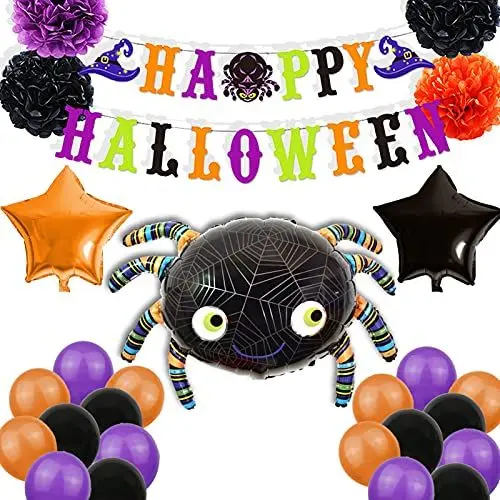 Produktbild: jiuzcare Halloween Luftballons Set Halloween Party Deko Happy Halloween Banner Orange Schwarz Ballons Spinnennetz Folienballons Innen Außen Deko Gruselig für Kinder Jungen Mädchen