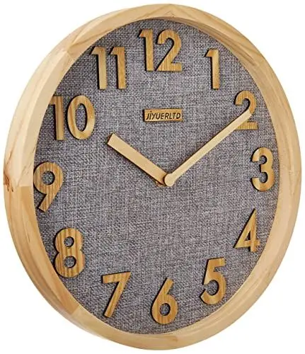 Produktbild: JIYUERLTD 30cm Wanduhr Leise Küchenuhr Nicht-Ticken Quarz-Wanduhren Hölzerne Zahlen 3D Anzeige, Holzrahmen mit Leinen Gesicht Uhr zum Zuhause Büro Klassenzimmer Schule.(graues Leinen)