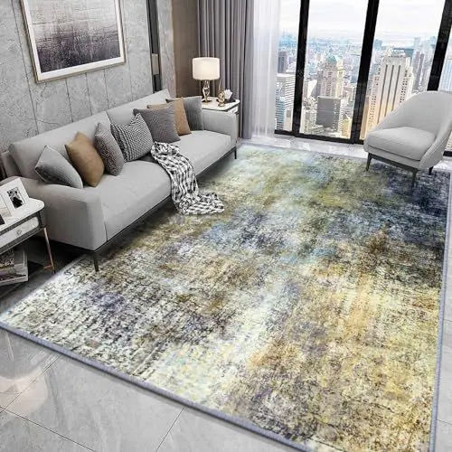 Produktbild: Jiyuhang Teppich Wohnzimmer – Moderner Kurzflor-Teppich mit Farbverlauf und abstraktem Design. Weicher Wohnzimmerteppich geeignet für Schlafzimmer und Esszimmer (Blaugrau/Beige, 140x200 cm)