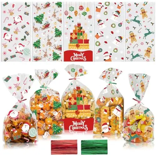 Produktbild: Jizxol 120 Stück Weihnachts-Zellophantüten, Weihnachtliche Süßigkeitentüten, mit 150 metallischen Bändern, Tüten zum Befüllen, kleine Weihnachtstüten für Kekse, Schokolade, Nüsse (5 Stile).
