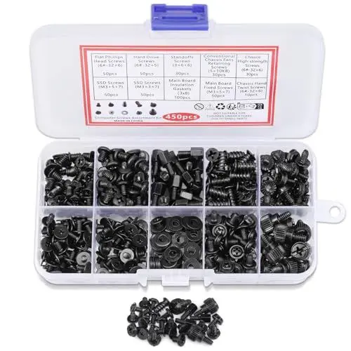 Produktbild: JIZZU 450 Stk Computer Schrauben Set, PC Schrauben sortierten Set, Computerschrauben Abstandshalter Kit, für Personal PC Gehäuse, Mainbord, Lüfter, Festplatten, CD-ROM, Schraubenset