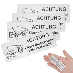 Produktbild: JIZZU 4 Stück Schild Videoüberwachung, 8.5x3 cm Selbstklebend Aluminium Schild Warnschild, Hinweisschild Achtung Videoüberwachung Privatgrundstück, Rostfrei