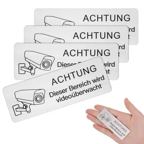 Produktbild: JIZZU 4 Stück Schild Videoüberwachung, 8.5x3 cm Selbstklebend Aluminium Schild Warnschild, Hinweisschild Achtung Videoüberwachung Privatgrundstück, Rostfrei