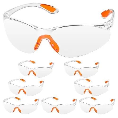 Produktbild: JIZZU 8 Stück Schutzbrillen Transparent Augenschutzbrille mit Klaren Gläsern Gumminase Schutzbrille für DIY, Schleifen, Radfahren, Labor, Anti-Staub/Kratzer/Mist/Wind