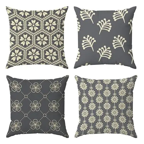 Produktbild: JJ PRIME - Kissenbezug 45x45 4er Set | Geometrisch Kissen Deko | Kissenbezug Grau Weiß | Sofakissen Grau Mit Verstecktem Reißverschluss - Cushion Covers Platz Pillow Case Sofakissen Bezug (Grau)