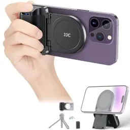 Produktbild: JJC Magsafe Magnetischer Handy Griff mit Bluetooth Fernbedienung für iPhone 15 14 13 & Android Smartphone, Handy Ständer Tisch & Handy Stativ Adapter – Schwarz