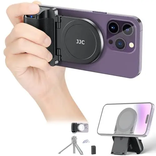 Produktbild: JJC Magsafe Magnetischer Handy Griff mit Bluetooth Fernbedienung für iPhone 15 14 13 & Android Smartphone, Handy Ständer Tisch & Handy Stativ Adapter – Schwarz