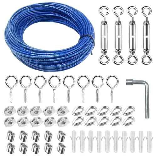 Produktbild: JJCHQ Drahtseil Spannschlösser Edelstahl Kit: 2mm 304 Stahlseil Edelstahlseil 30m mit Ösen - Ummantelt Gartendrahtkabel für Rankhilfen String Light Suspension Wäscheleine Gardinen