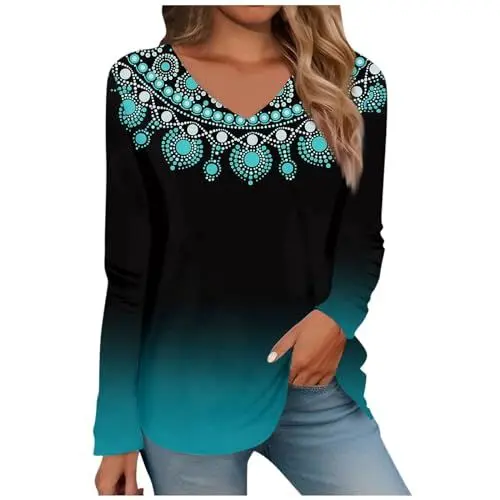 Produktbild: JKJFJKA Damen Blusen & Shirts Business Lässig Elegant Langärmelig Rundhalsausschnitt Shirts Tunika Tops Trendig Druck Grafik Übergröße Pullover Blusen Longtops Damen Lang Tops Für Damen