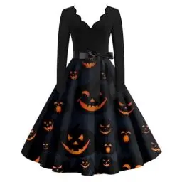 Produktbild: JKJFJKA Damen Halloween Kleid Plus Größe Sexy Rüsche V Ausschnitt Lang Ärmel Party Kostüm Witzig Halloween Druck Cocktail Schaukel Kleid Schwarz 5XL Couple Halloween Costume Halloween Costume Frau
