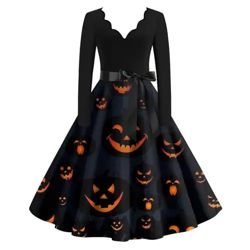Produktbild: JKJFJKA Damen Halloween Kleid Plus Größe Sexy Rüsche V Ausschnitt Lang Ärmel Party Kostüm Witzig Halloween Druck Cocktail Schaukel Kleid Schwarz 5XL Couple Halloween Costume Halloween Costume Frau