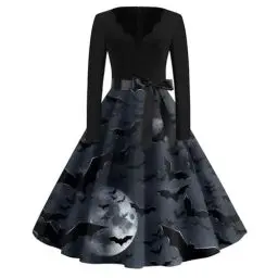 Produktbild: JKJFJKA Damen Halloween Kostüme 2024 Sexy V Ausschnitt Lang Ärmel Cosplay Party Kleiderd Glücklich Halloween Druck Cocktail Schaukel Kleid Dunkelgrau L Halloween Sexy Costume Halloween Costum