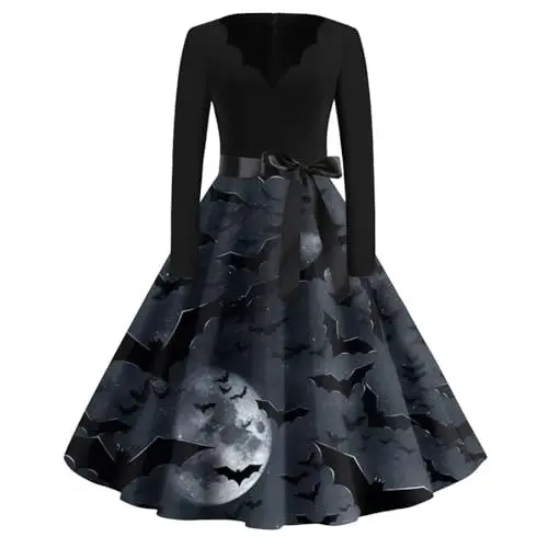 Produktbild: JKJFJKA Damen Halloween Kostüme 2024 Sexy V Ausschnitt Lang Ärmel Cosplay Party Kleiderd Glücklich Halloween Druck Cocktail Schaukel Kleid Dunkelgrau L Halloween Sexy Costume Halloween Costum