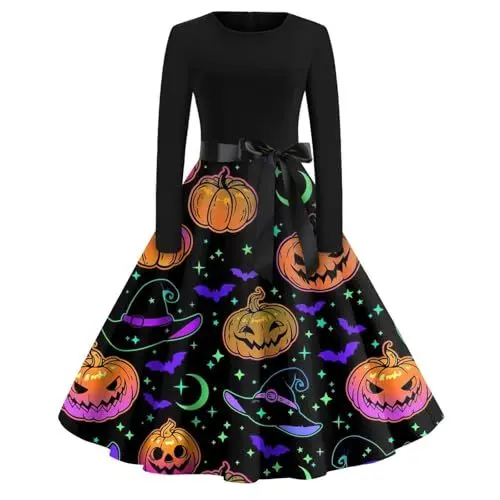 Produktbild: JKJFJKA Halloween Kleid Für Damen Lang Ärmel Lustig Halloween Druck Cocktail Schwingen Kleider Sexy Rund Ausschnitt Lang Ärmel Cosplay Party Kleid Helles Lila L Halloween Kostüm Damen Große Größen