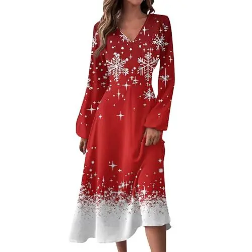 Produktbild: JKJFJKA Weihachtskleid Damen Weihnachtskleider Damen Große Größen Weihnachtskleid Damen Festlich Christmas Kleid Damen Kleid Damen Festlich Elegant Weihnachten Weihnachtenkleid Damen Rot 2XL