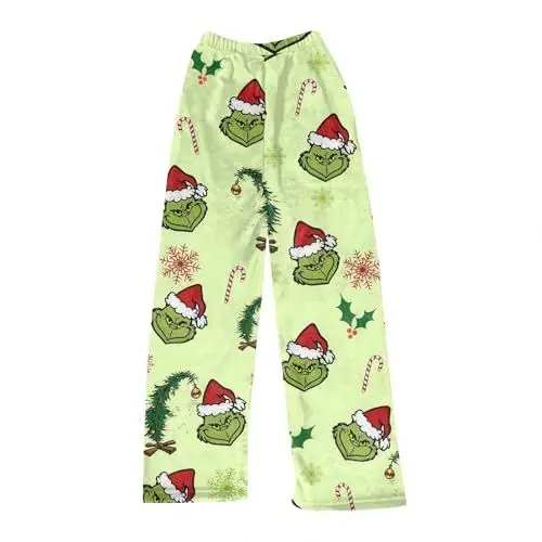 Produktbild: JKJFJKA 𝑮𝒓𝒊𝒏𝒄𝒉 Flanell Pyjama Hose für Damen Mode Weihnachten Schneeflocke Weihnachtsmann Druck Schlafanzug Niedlich Lässig Gemütlich Warm Schlafanzug Weihnachten Geschenk Grün M Autumn