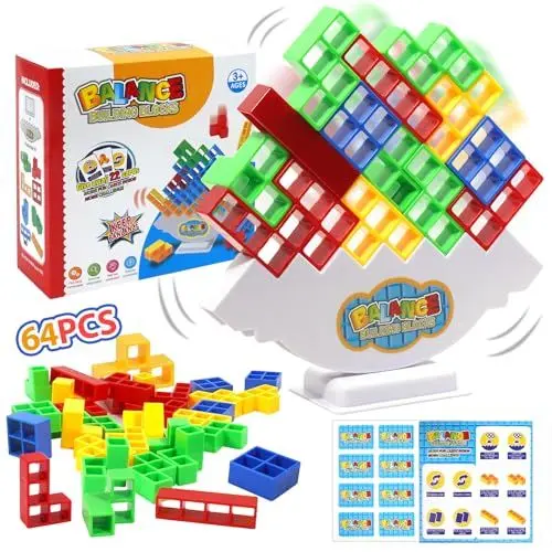 Produktbild: J.K-Toys Tetra Tower Spiel, 64 PCS Balance Spiel,Team Tower Game for Kids & Adults Spiel, Schaukelstapel Hoch Kinder-Balance-Spielzeug Spiele Ab 5 6 7 8+ Jahre Jungen Mädchen (64 PCS)