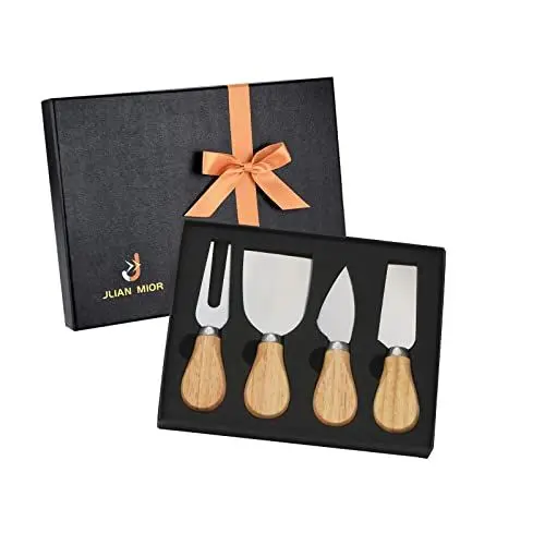 Produktbild: JLIAN MIOR Exquisites 4-teiliges Käsemesser Set, komplette Käsemesser-Kollektion aus Edelstahl (Griff aus Eichenholz), fertig zum Verschenken