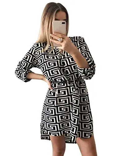 Produktbild: JLTPH Frauen V-Ausschnitt Langärmliges Schlangenleder Leopardenmuster Hemdkleid Kurzes Kleid ohne Gürtel Casual T-Shirt Tops Bluse Minikleid Tunikakleid Strand Sundress Kleid