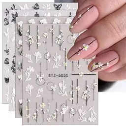 Produktbild: JMEOWIO 3D Nagelsticker Frühling Blume Nail Art Sticker Selbstklebend Nagelaufkleber 5D Stereoskopisch Buntes Sommer Blumen Dekoration Nageldesign Zubehör 4 Blatt