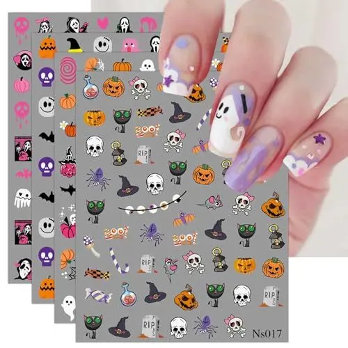 Produktbild: JMEOWIO 3D Nagelsticker Halloween Nail Art Sticker Selbstklebend Nagelaufkleber 5D Stereoskopisch Dekoration Nageldesign Zubehör 4 Blatt