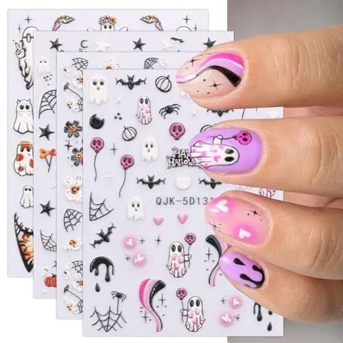 Produktbild: JMEOWIO 3D Nagelsticker Halloween Nail Art Sticker Selbstklebend Nagelaufkleber 5D Stereoskopisch Süßer Geist Dekoration Nageldesign Zubehör 4 Blatt