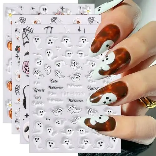 Produktbild: JMEOWIO 3D Nagelsticker Halloween Nail Art Sticker Selbstklebend Nagelaufkleber 5D Stereoskopisch Süßer Geist Kürbis Dekoration Nageldesign Zubehör 4 Blatt