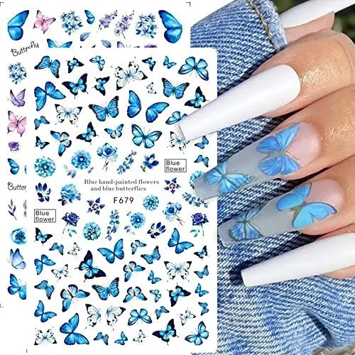 Produktbild: JMEOWIO Nagelsticker Frühling Schmetterling 6 Blätter Nagelaufkleber Selbstklebend Blau Schwarz Gold Schmetterling Muster Nail Art Dekoration NagelDesign Zubehör für Frauen Mädchen