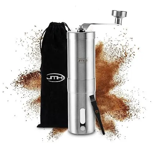Produktbild: JMH Kaffeemühle manuell Kegelmahlwerk (verstellbarer Mahlgrad) - Edelstahl Coffee Grinder mit Pinsel - Hochwertige Kaffeemühle Hand - Handkaffeemühle