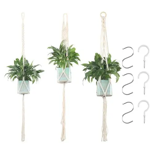 Produktbild: JmhNewhope Makramee Blumenampeln Zum Aufhängen, 3 STK Hängetopf für Pflanzen, Makramee Hängeampel, Boho Pflanzenhänger für Blumentöpfe Pflanzen, Blumentopfhalter Innen Außen Garten Balkon Deko