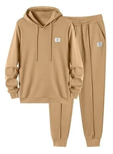 Produktbild: JMIERR 2 Stück Outfits Kapuzenpulli Sweatshirts mit Taschen Herren Trainingsanzug Jogginganzug Kapuzen-Sweatshirt Sportswear Set,Khaki L