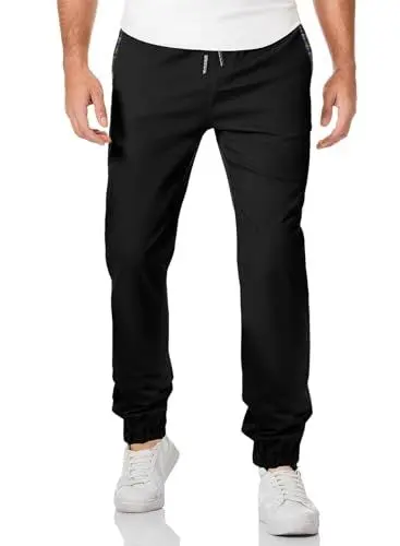 Produktbild: JMIERR Chino Hose Herren Casual Jogginghose Herren Baumwolle Cargo Chino Hose Elastische Taille mit Kordelzug Freizeithose mit Taschen, Schwarz L