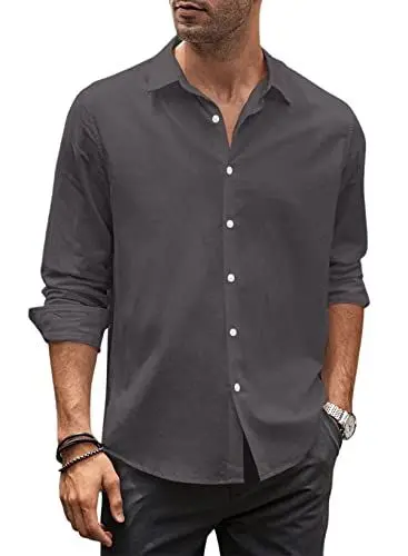 Produktbild: JMIERR Hemd Bügelfrei Herren Regular Casual Freizeithemden Leinenhemd Langarm Button Down Sommerhem Grau XL