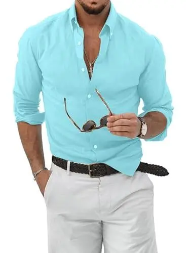 Produktbild: JMIERR Hemd Herren Slim Fit Baumwolle Leinenhemd Langarm Casual Freizeithemd Button Down Stehkragenhemd Himmelblau M