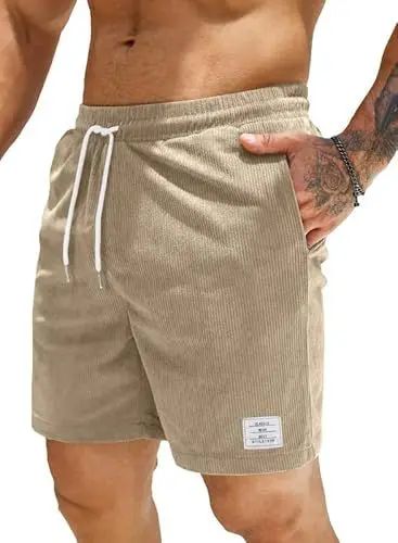 Produktbild: JMIERR Herren Corduroy Short 2024 Sommer Leinen Stretch Baumwolle Kurze Hose mit Taschen Beige L