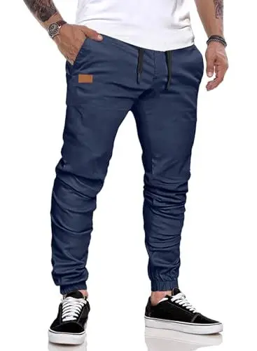 Produktbild: JMIERR Herren Hose Chino Cargo Hose Jogginghose Herren Baumwolle Sporthose Casual Freizeithose Elastische Taille mit Kordelzug Sweatpants Herren mit Taschen, Blau S