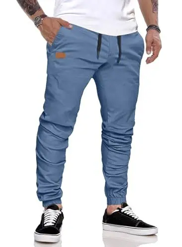 Produktbild: JMIERR Herren Hose Chino Cargo Hose Jogginghose Herren Baumwolle Sporthose Casual Freizeithose Elastische Taille mit Kordelzug Sweatpants Herren mit Taschen, Himmelblau S