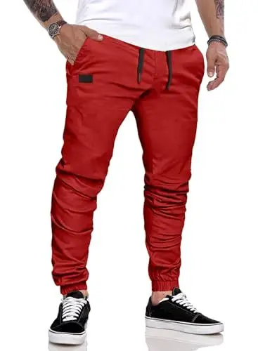 Produktbild: JMIERR Herren Hose Chino Cargo Hose Jogginghose Herren Baumwolle Sporthose Casual Freizeithose Elastische Taille mit Kordelzug Sweatpants Herren mit Taschen, Rot L