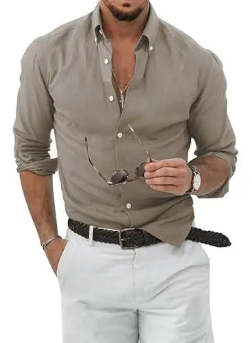 Produktbild: JMIERR Herren Leinenhemd Slim Fit Sommer Hemden Langarm Baumwolle Freizeithemd 2024 Fashion Stehkragenhemd Hellbraun XL